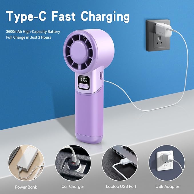 Portable Handheld Fan, 3 in 1 High-Speed Turbo Mini Fans, 3600mAh Rechargeable Personal Fan with LED Display,90°Foldable